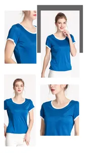 Détail du col rond contrasté et des poignets d'un haut en tricot de soie bleue