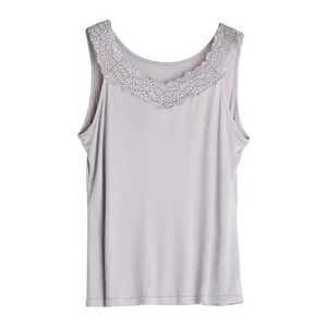 Elegant sleeveless silk tank top for women with delicate lace trim in soft grey-purple color