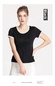 Détail de la bordure blanche contrastée sur le col et les poignets d'un t-shirt en soie noire