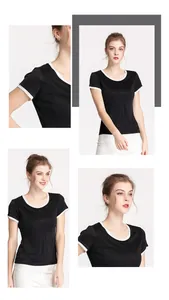 Détail du t-shirt en maille de soie avec bordures contrastées au col et aux poignets ajustés