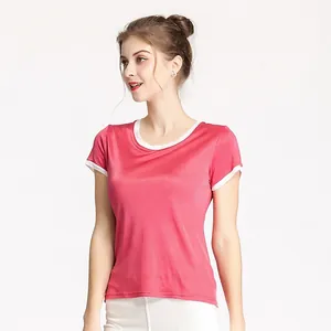 T-Shirt à Manches Courtes en Tricot de Soie de Mûrier pour Femmes Col Rond Contrasté Coupe Ajustée Haut d'Été