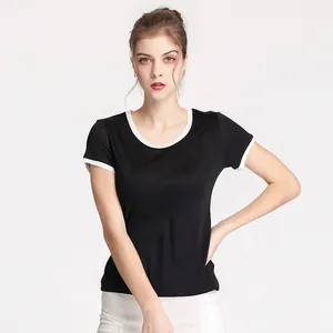 T-shirt femme en soie à manches courtes et col rond contrasté pour un look été élégant