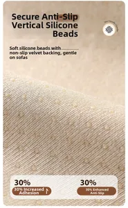 Detailed view of beige chenille fabric with non-slip silicone backing and suede base