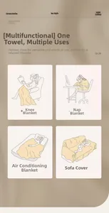 Illustrations showing usage as knee blanket, nap blanket, quilt, and sofa cover
