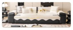 Detail of cream sofa cover featuring wave edges and decorative yellow tassels