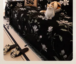 French vintage thick black sofa cover with white magnolia patterns and fringe tassels