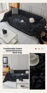 Close-up of deep grey plush velvet fabric with ethnic geometric patterns on a sofa cover