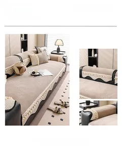 Detail of khaki chenille sofa cover with decorative fringes and pleated edge trim