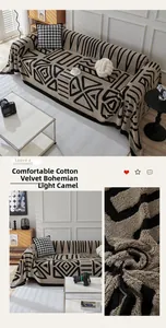 Close-up of light camel bohemian sofa cover with plush texture and geometric patterns