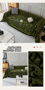 Macro detail of plush green bohemian cotton velvet sofa cover with geometric patterns