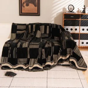 Vintage chenille black and beige geometric grid sofa cover with elegant tassel edges
