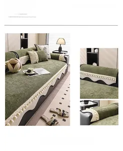 Detail of green chenille sofa cover with anti-slip texture and cream fringe tassels