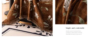 Detail of vintage floral thick faux mink velvet sofa cover with soft tassels and plush texture