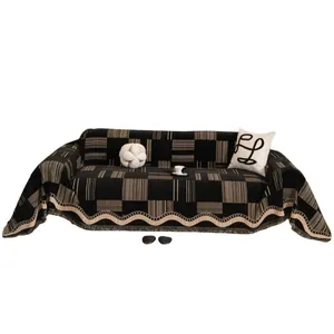 Retro plaid chenille sofa cover blanket with geometric patterns and fringe edges