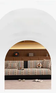 Close-up of bohemian chenille sofa cover with geometric patterns and soft texture