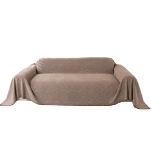Brown chenille sofa cover featuring retro diamond texture and tassel edges on white background