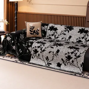 Thick vintage mink velvet sofa cover with black and white magnolia floral pattern and tassels