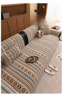 Detailed close-up of Bohemian chenille sofa cover with colorful geometric jacquard weave