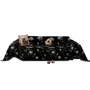 French retro black floral sofa cover blanket with tassels and thick faux mink fur texture