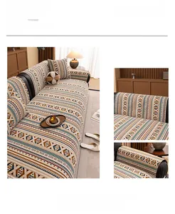 Detailed view of bohemian chenille sofa cover with ethnic geometric jacquard patterns