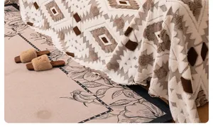 Detail of bohemian geometric pattern on thick plush winter sofa throw blanket