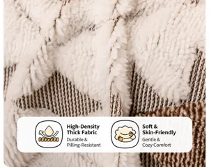 Detail of soft sherpa fleece and brown geometric fabric with high density stitching