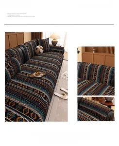 Detail of bohemian chenille sofa cover showing geometric weave and anti-slip texture