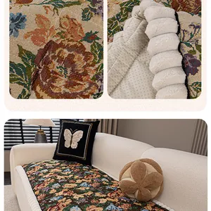 Detail of floral jacquard fabric and white plush anti-slip backing for sofa covers