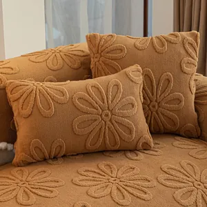 Caramel sunflower textured fleece sofa cover with 3D daisy pattern and matching cushions