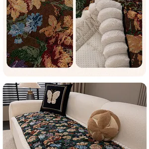 Detail of vintage floral jacquard sofa cushion with plush backing and anti-slip particles