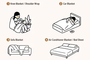 Illustration showing multi-use plush sofa blanket as a shawl, car cover, and knee rug