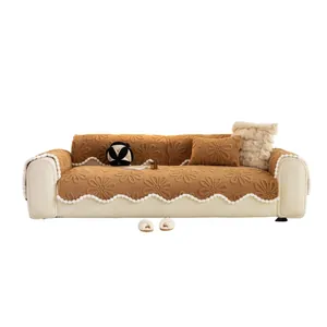 Brown plush sofa cover with 3D floral texture and cream white lace edge on white sofa
