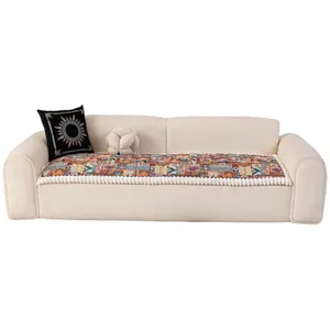 American pastoral style thick sofa cushion with geometric patterns and pom pom fringe