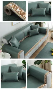Détail de la housse de canapé en rotin vert foncé avec bordure géométrique et texture