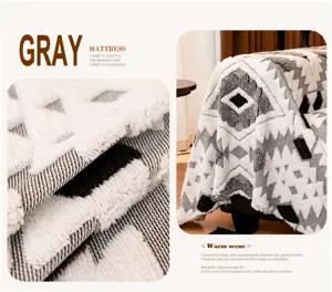 Detail of thick plush grey sofa blanket showing soft Sherpa fleece texture and geometric pattern