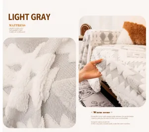 Macro detail of light gray faux fur sofa blanket with geometric diamond pattern texture