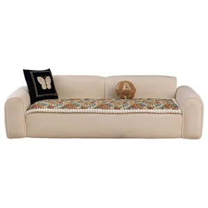 Vintage floral non-slip sofa cushion with plush ball trim and thick quilted fabric