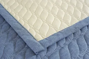 Close-up of quilted cotton mat showing blue denim border and leaf-patterned stitching