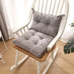 Deep grey corduroy chair cushion set with ties on a white rocking chair