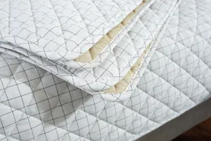 Detail of quilted cotton chair pad showing anti-slip bottom and grey diamond pattern