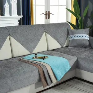 Close-up of thick grey faux rabbit fur sofa cover with multi-color fabric samples