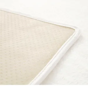 Detailed macro view showing non-slip dotted backing and stitched edges of the plush rug