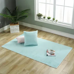 Detailed close-up of thick light blue plush rug with soft texture and white stitched edge