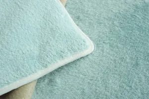 Détail du tapis en peluche bleu sarcelle avec bordure blanche cousue et texture douce