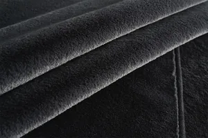 Gros plan du tapis en fausse fourrure noire épaisse montrant la texture douce et la couture