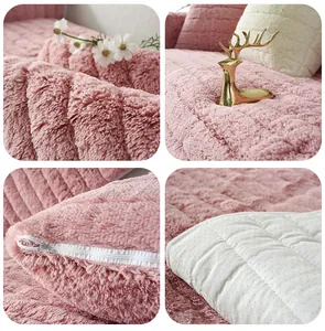 Detail of pink plush sofa cushion featuring striped texture, zipper, and anti-slip backing
