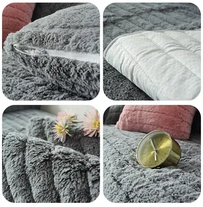 Detail showing plush faux fur texture, hidden zipper, and anti-slip backing on sofa cover