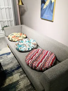 Three Japanese-style cotton linen floor cushions with floral and geometric patterns