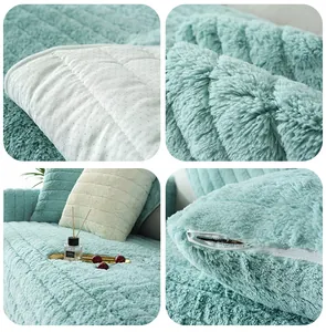 Detail of plush mint green sofa cover with non-slip backing and hidden zipper