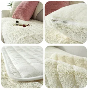 Detail of plush faux rabbit fur sofa cover with non-slip backing and hidden zipper